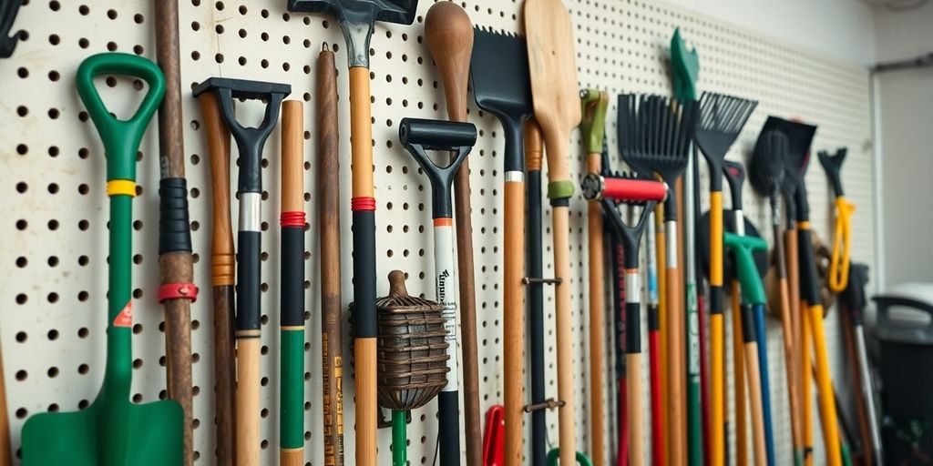 Organized garden tools on a garage wall.