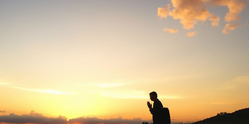 Silhouette praying against a tranquil sunset landscape.