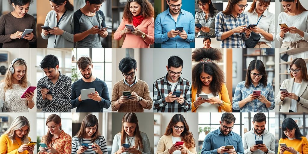 Diverse people using social media on devices.