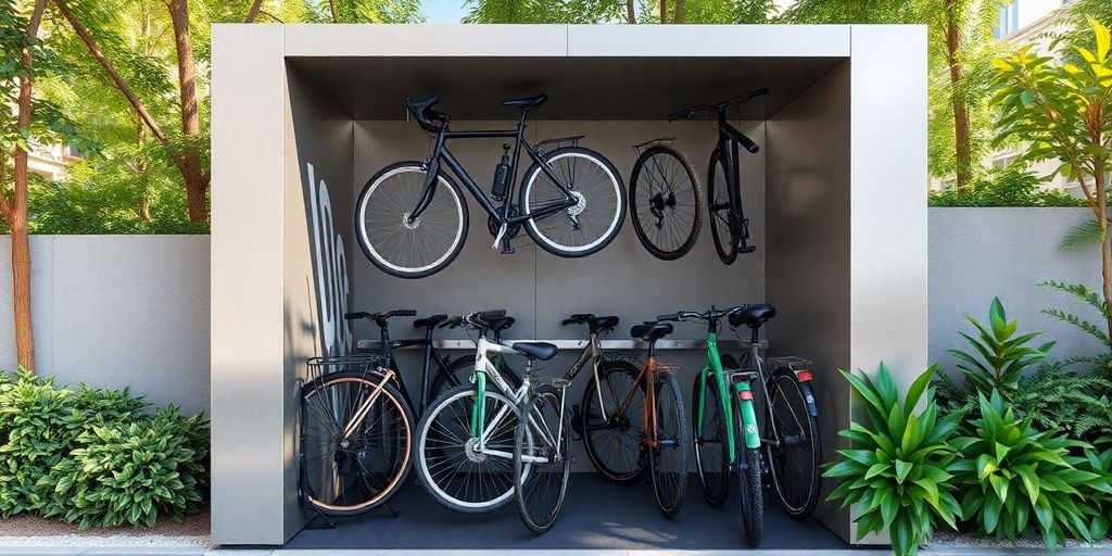 Modern bike storage racks in a compact urban space.