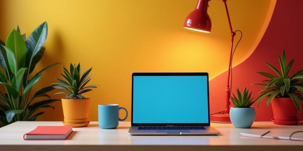 Modern workspace with laptop and vibrant decor.