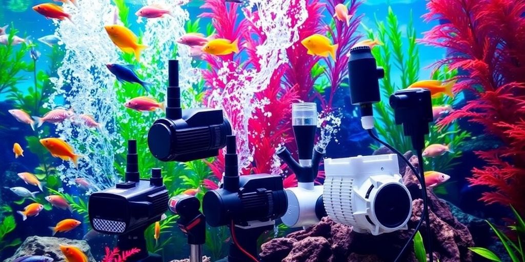 Aquarium pumps and powerheads with colorful fish and plants.