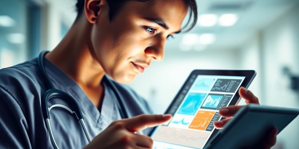 Healthcare professional with tablet in a hospital setting.