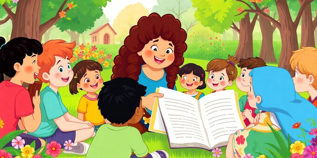 Children listening to stories in a colorful park setting.