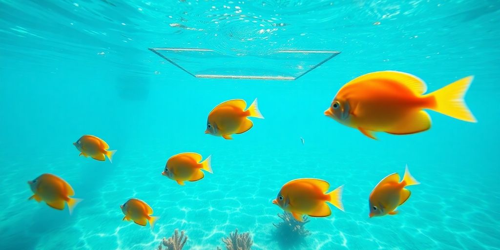 Overwater bungalow with glass floor, colorful fish.