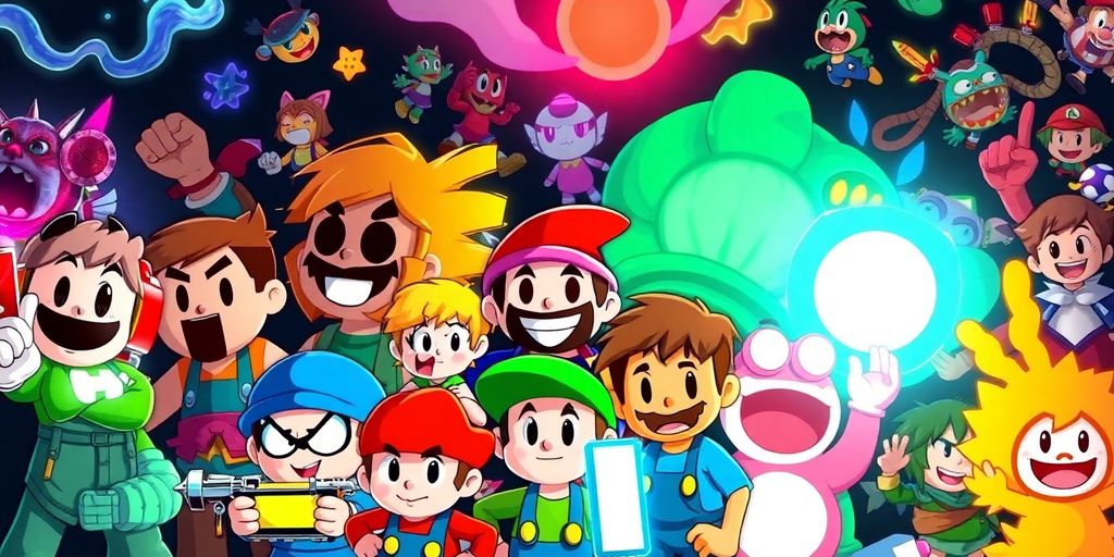 Assorted video game characters on a dark background.