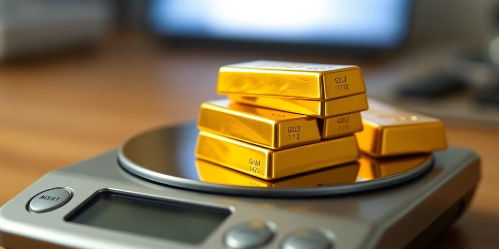 Lingots d'or empilés sur une balance de précision numérique.