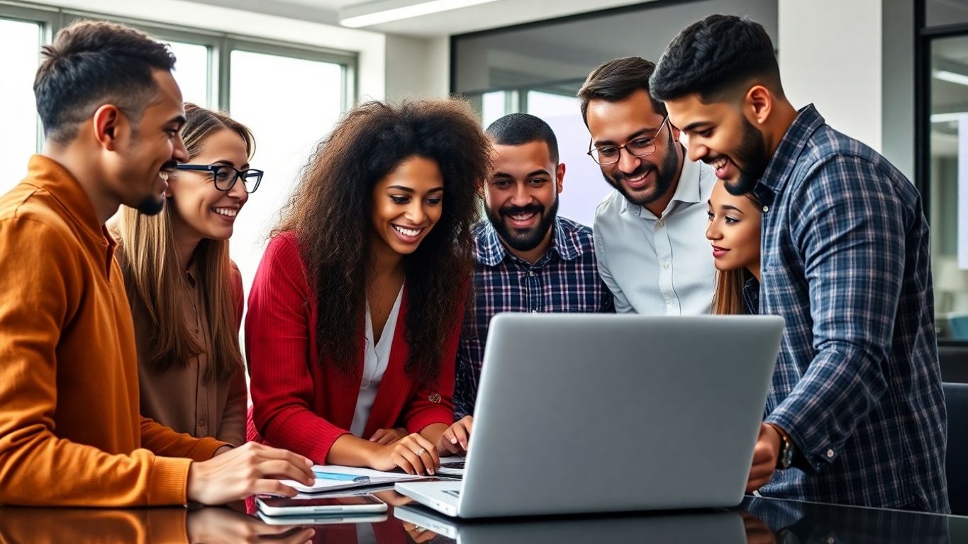 People collaborating on cryptocurrency in a bright office.