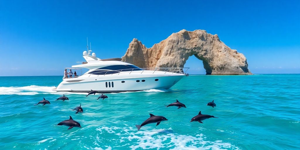 Yacht cruising past iconic Cabo Arch, clear blue water.