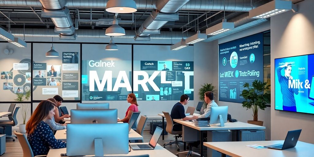 Profissionais de marketing digital em ambiente moderno.