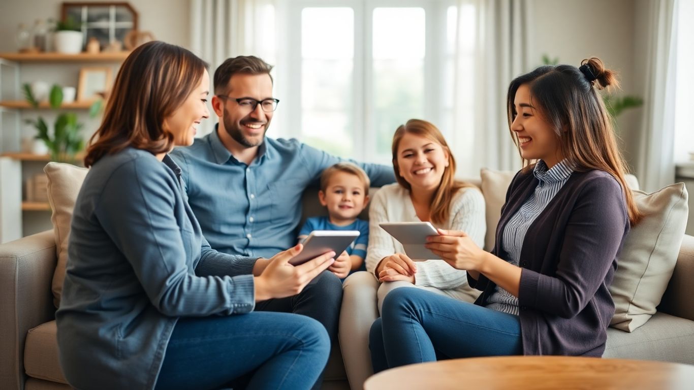 Familia feliz en sala acogedora con agente de seguros