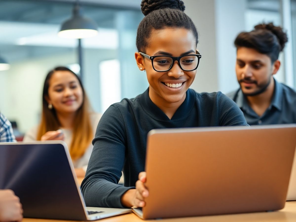 Graduate student collaborating on digital marketing with diverse team.