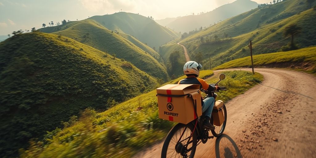 Courier bike in Nepal's green hills.