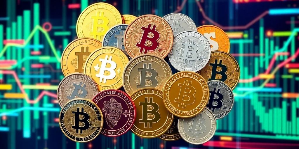 Colorful cryptocurrency coins on a digital tech background.