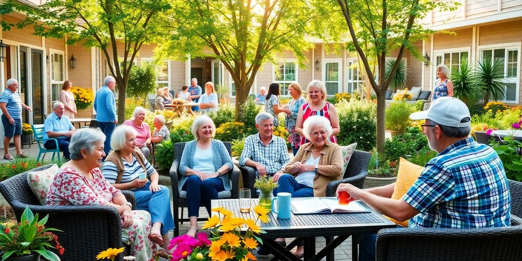 Joyful baby boomers in a lively community living environment.
