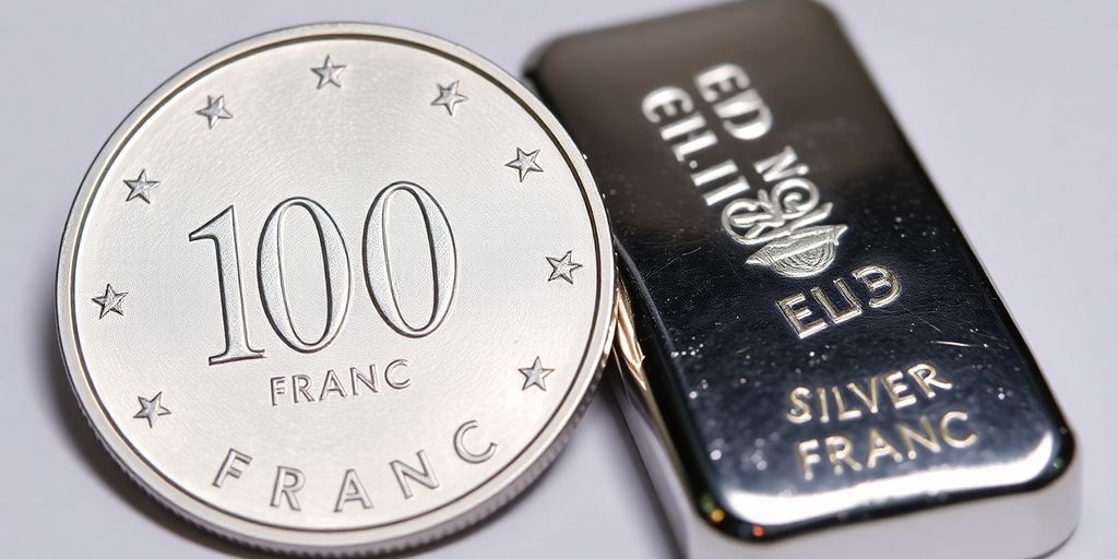 Pièce de 100 francs en argent et lingot d'argent côte à côte.