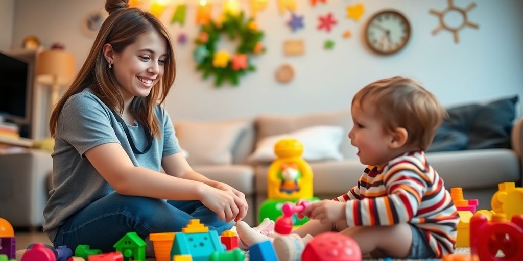 Teenage girl babysitting a toddler in a cozy room.
