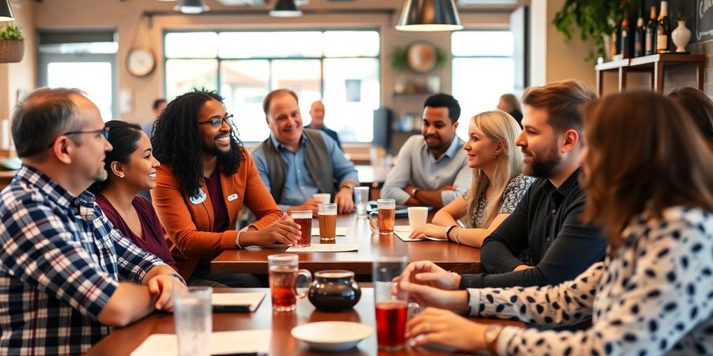 Diverse small business owners engaging in a café setting.