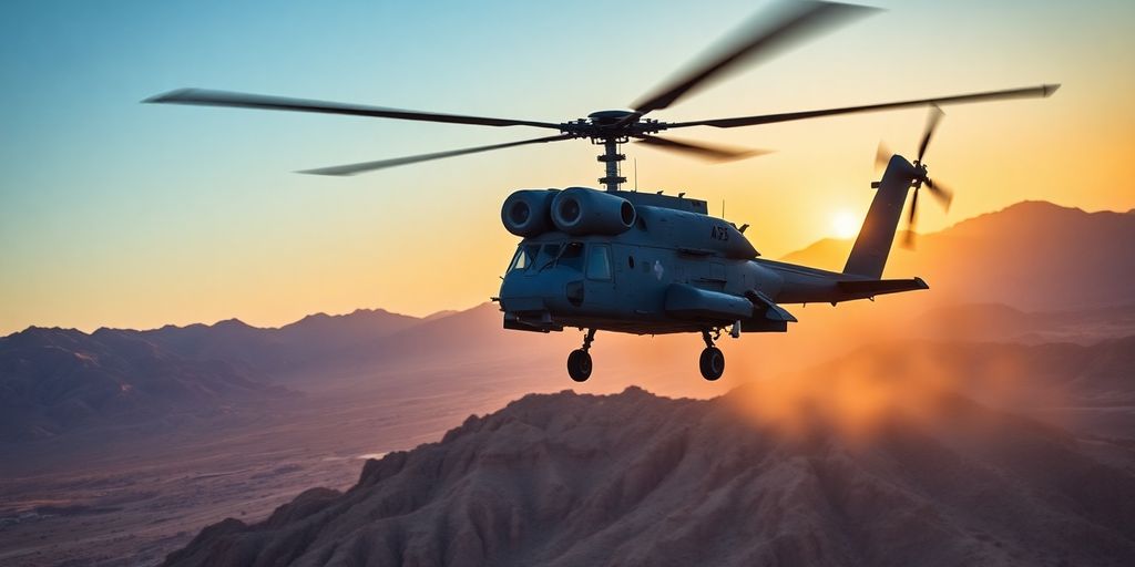 AH-64 Apache helicopter flying in desert.