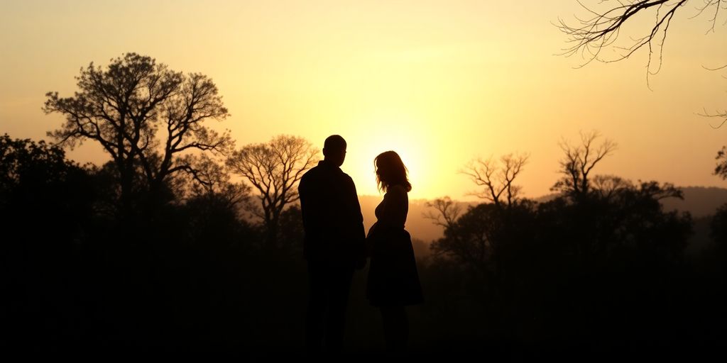 Silhouettes of two figures in a peaceful landscape.