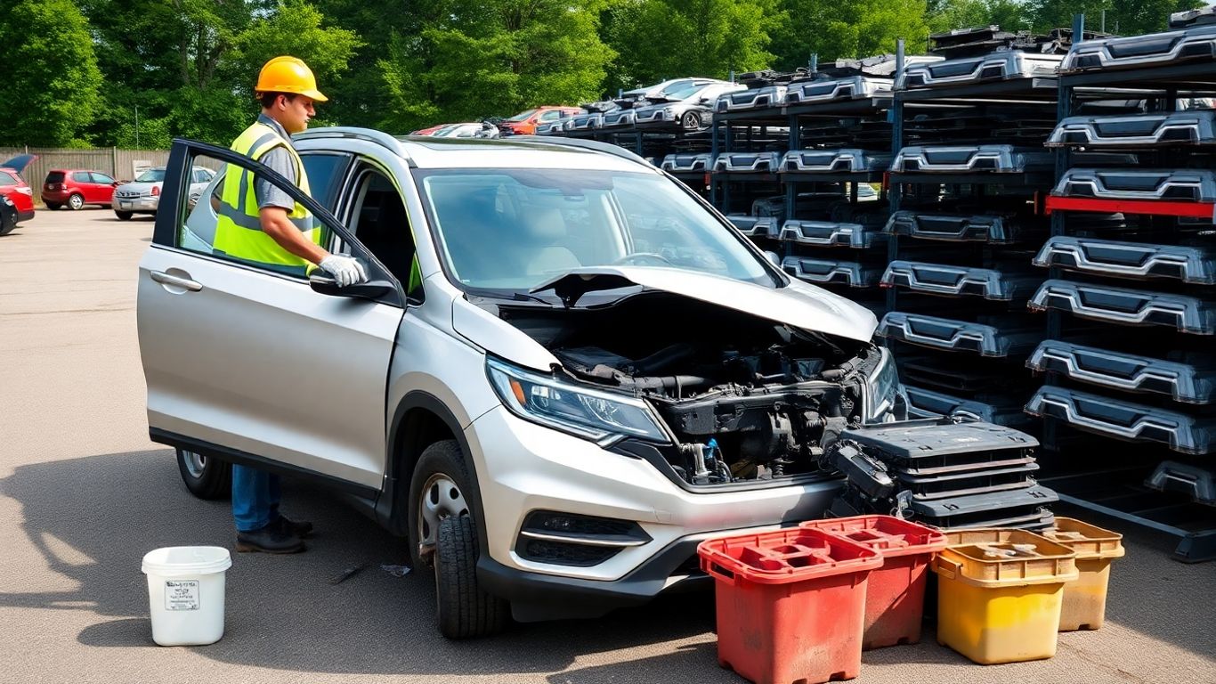 Technicians inspect dismantled Honda CR‑V in clean, organized salvage yard.