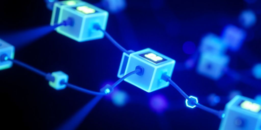 Glowing interconnected blocks with small processor nodes.