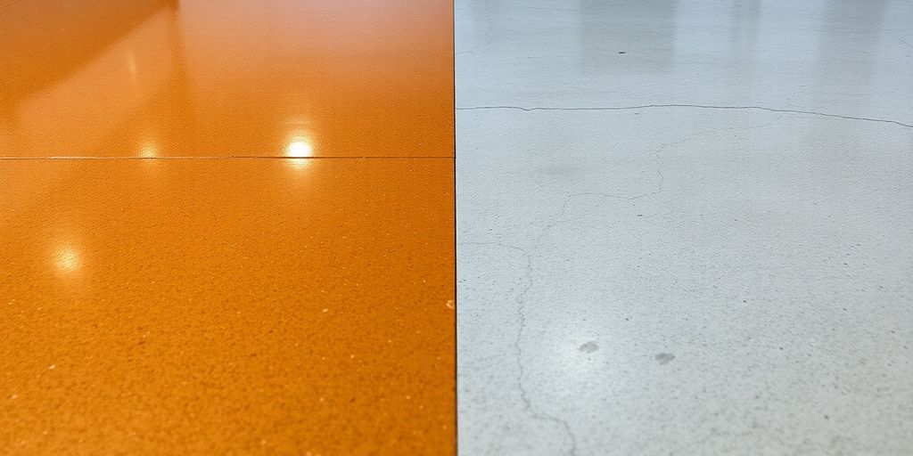 Side-by-side comparison of epoxy flooring and polished concrete.