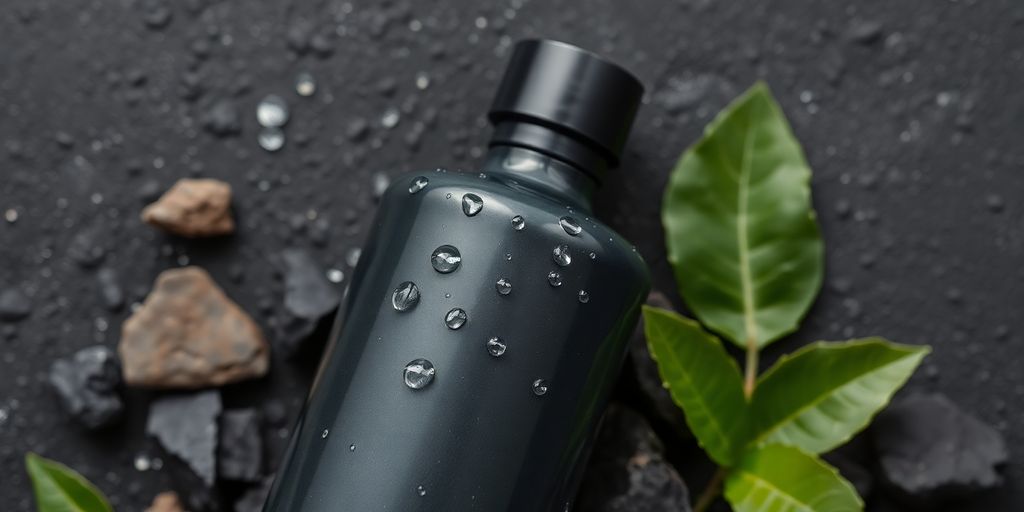 Charcoal body wash bottle with charcoal and leaves.