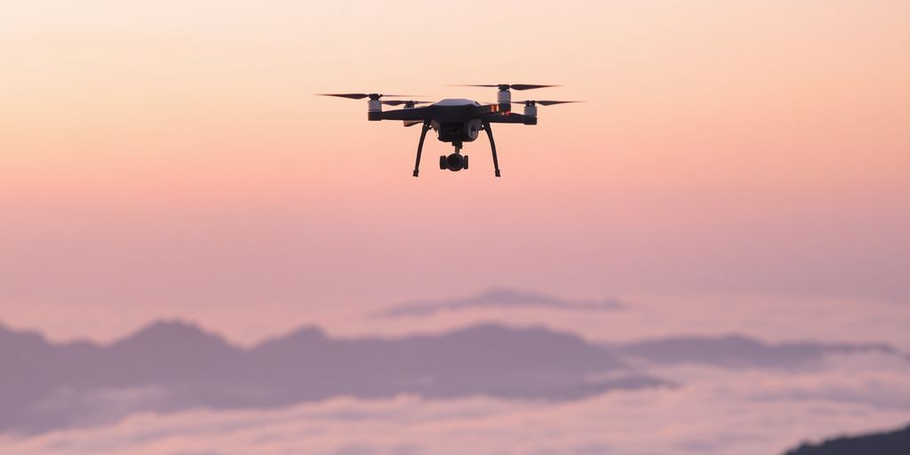 Drone volant au-dessus de montagnes brumeuses