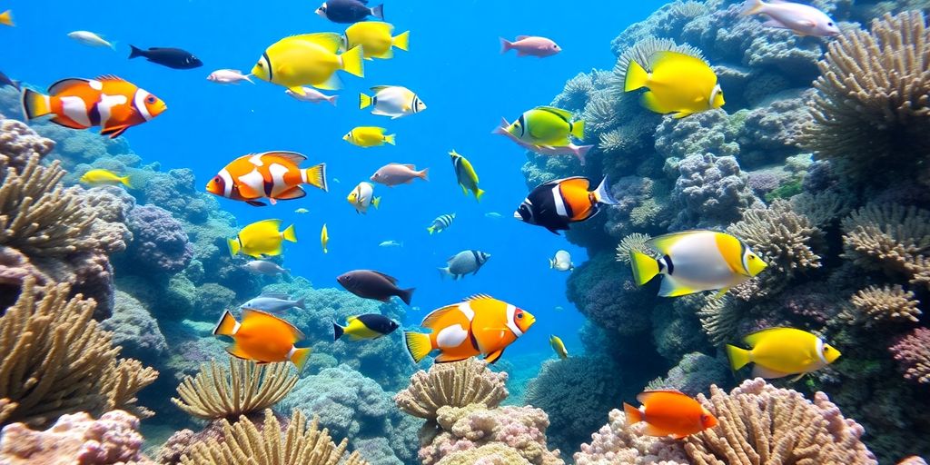色彩斑斓的海水鱼在珊瑚礁中游泳。