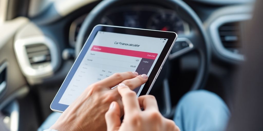 Person using a car finance calculator on a tablet.