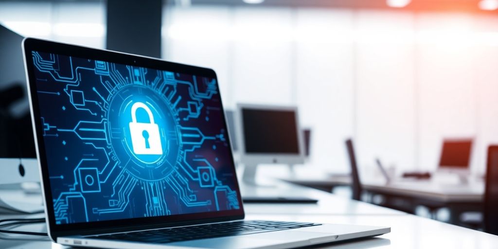 Laptop with cyber security software on a sleek desk.