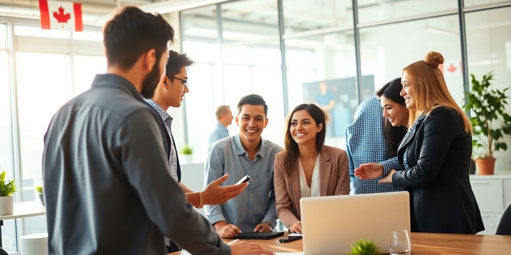 Profesionales diversos colaborando en oficina moderna en Canadá.