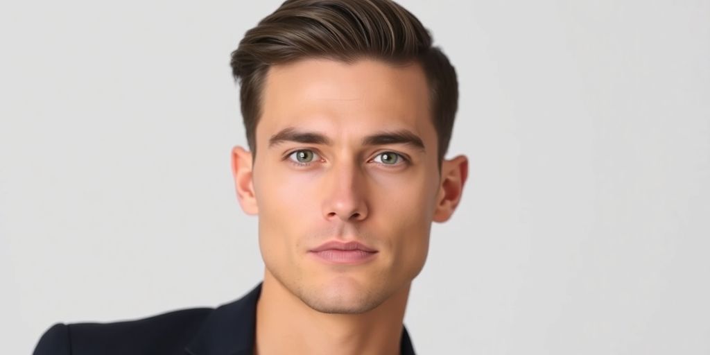 Man with side part haircut and smooth skin.