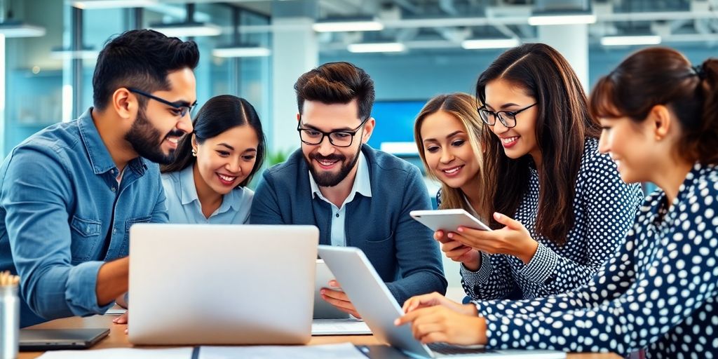 Professionals collaborating in a modern office setting.