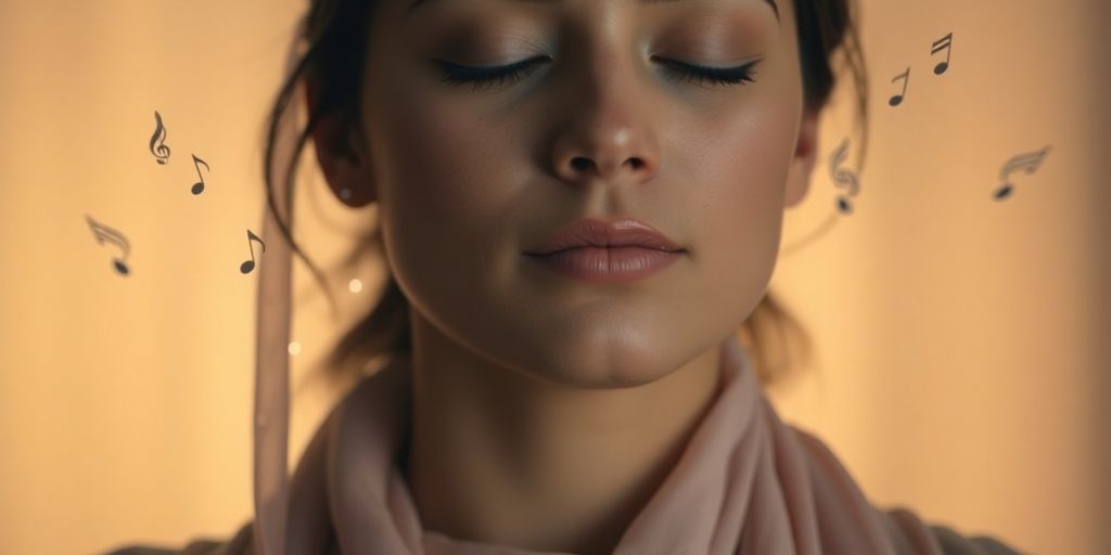 Person meditating, soft light, flowing fabric, musical notes.