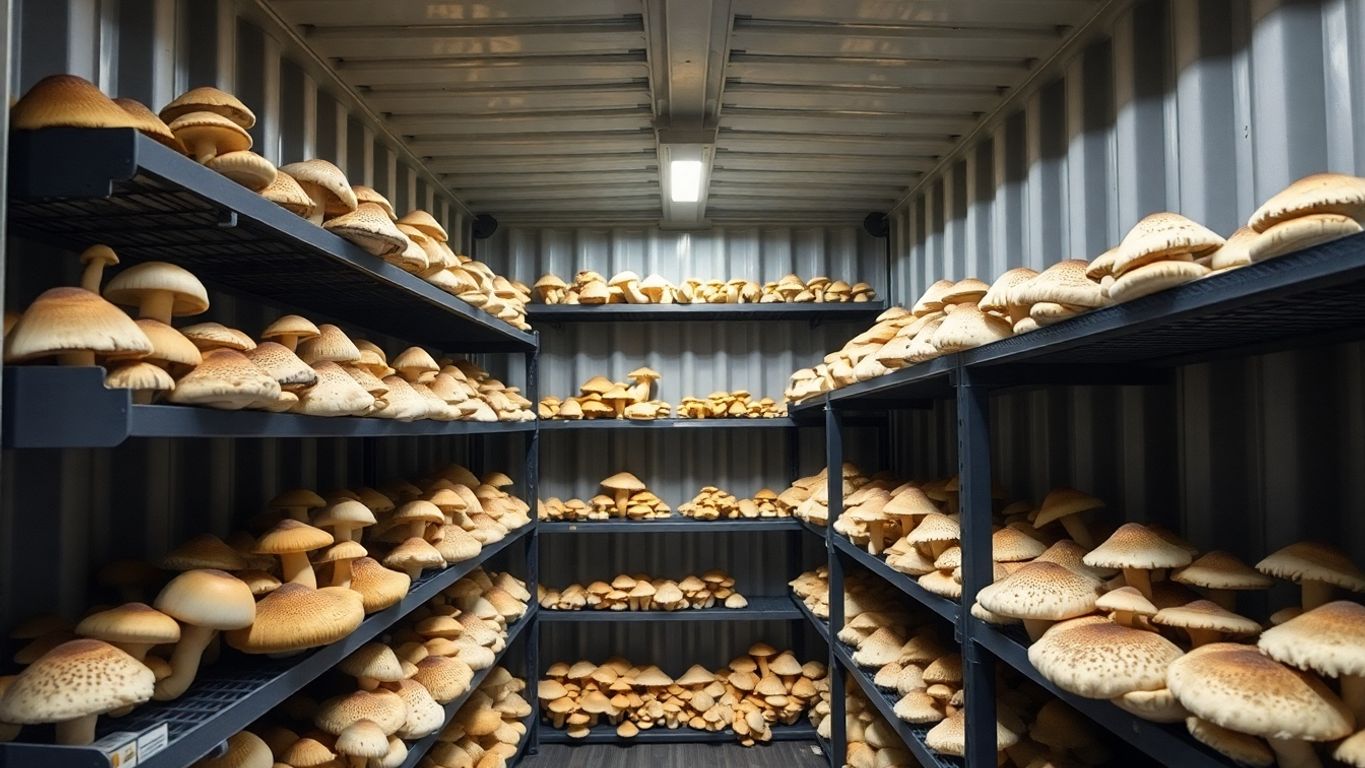 Mushroom farm inside shipping container.