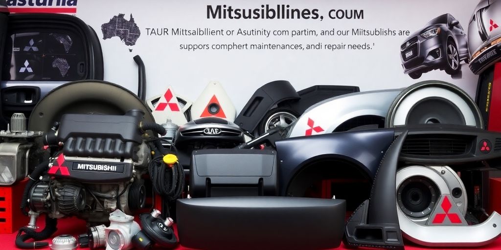 Genuine Mitsubishi parts laid out on an Australian backdrop.