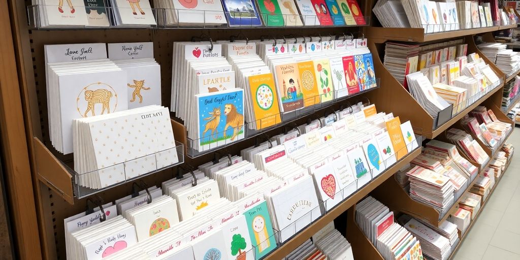 Wholesale greeting cards displayed on display racks.