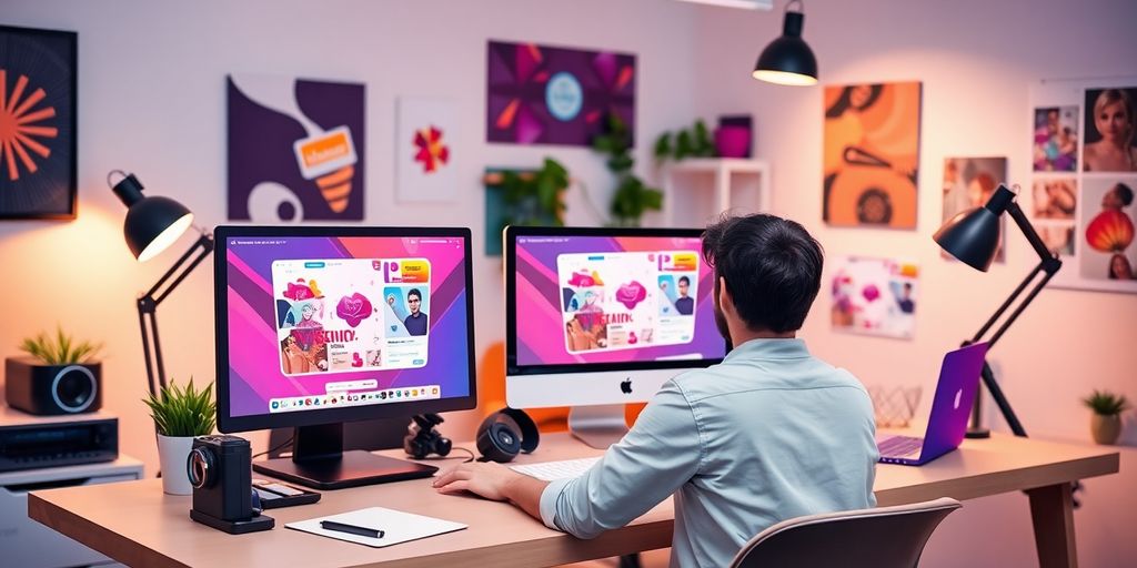 Designer creating engaging social media visuals in a bright workspace.
