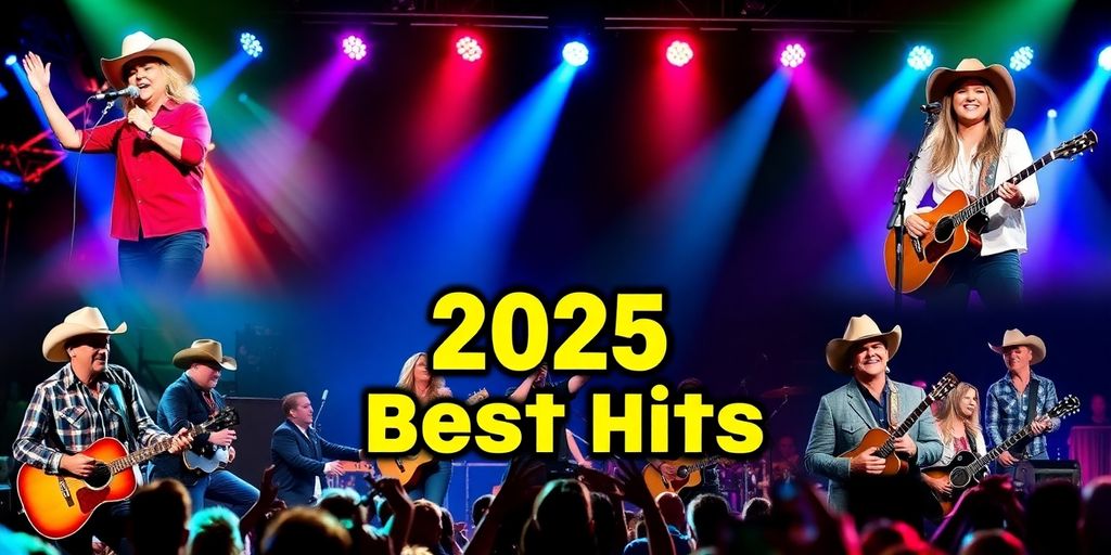 Country music artists performing live at a concert.