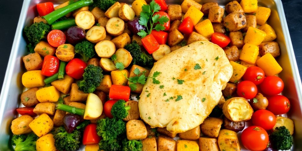Colorful sheet pan dinner with vegetables and protein.