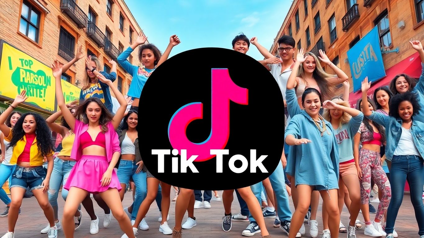 Colorful TikTok trends with dancing youth and outfits.