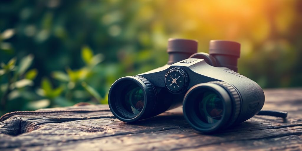Close-up of binoculars on a wooden surface.