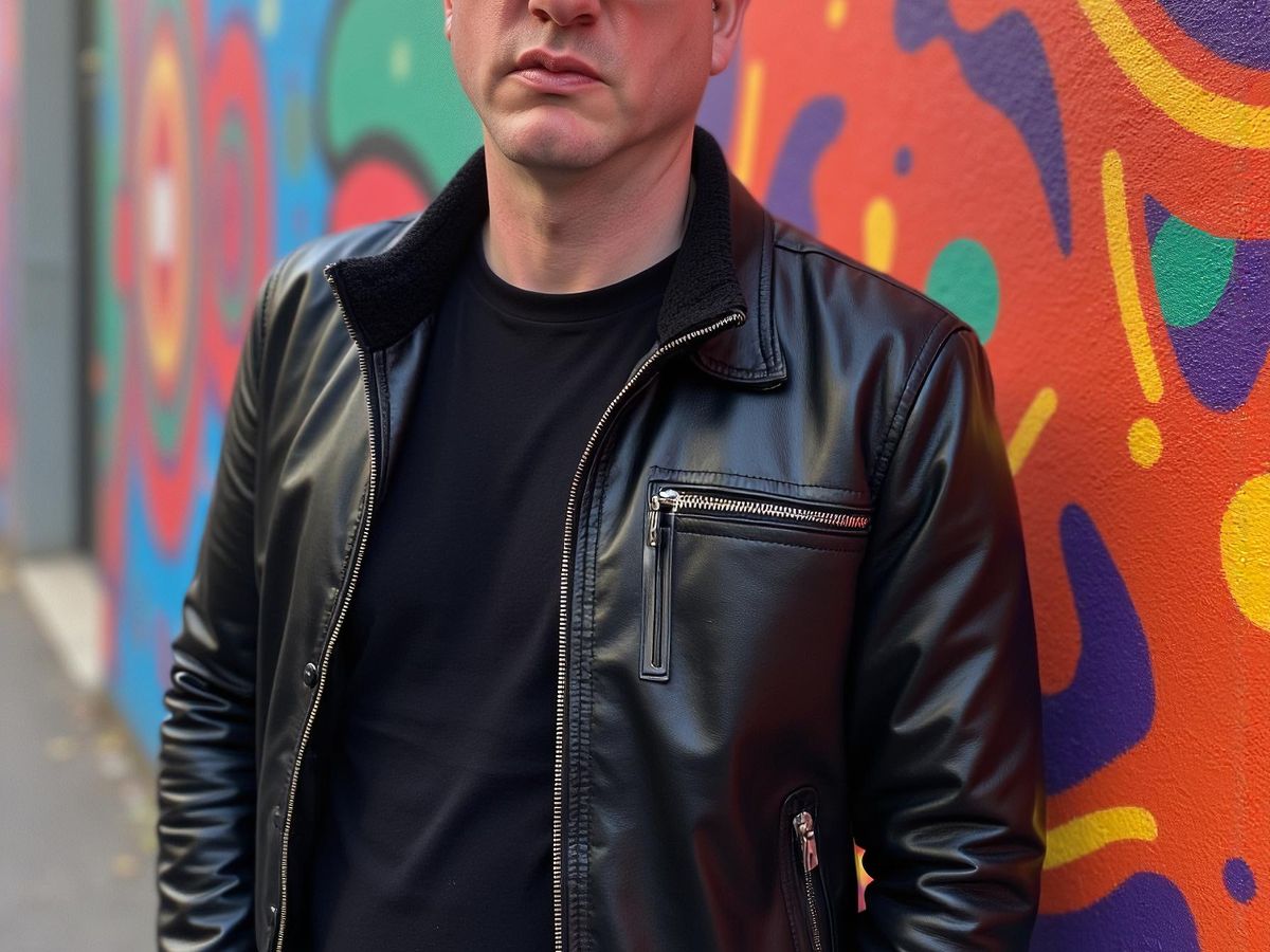 A person stands against a vibrant, colorful mural backdrop.