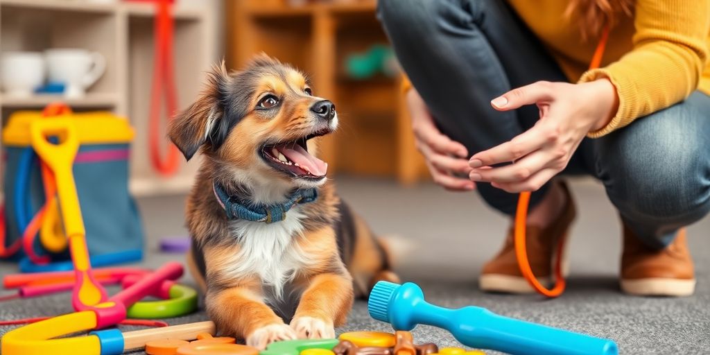 Dog training session with treats and owner.
