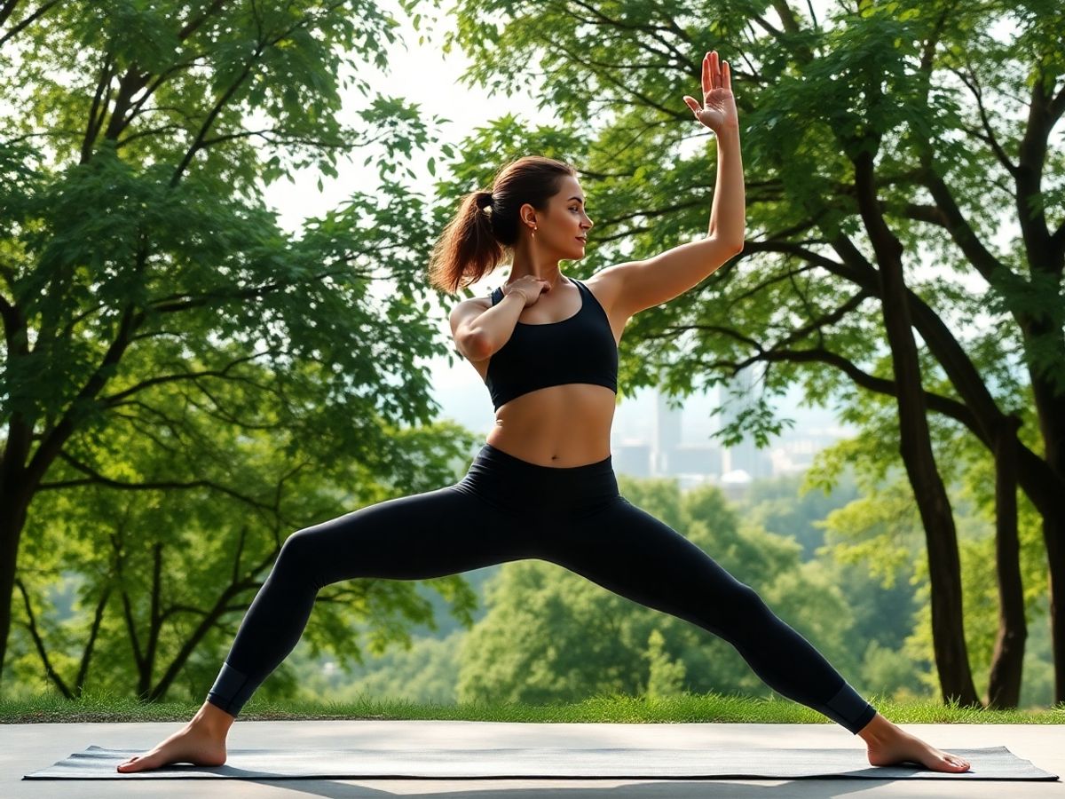 Femeie practicând yoga într-un parc urban.