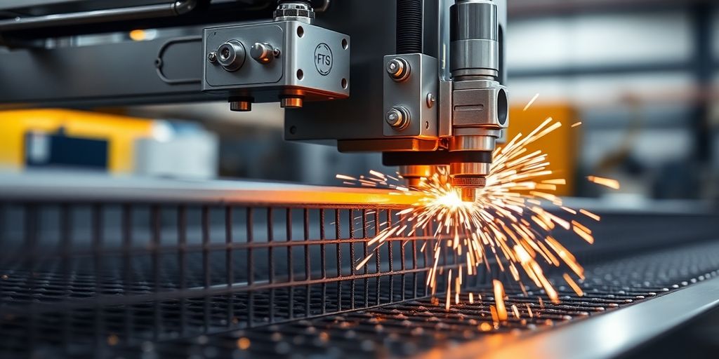 Close-up of a modern mesh welding machine.