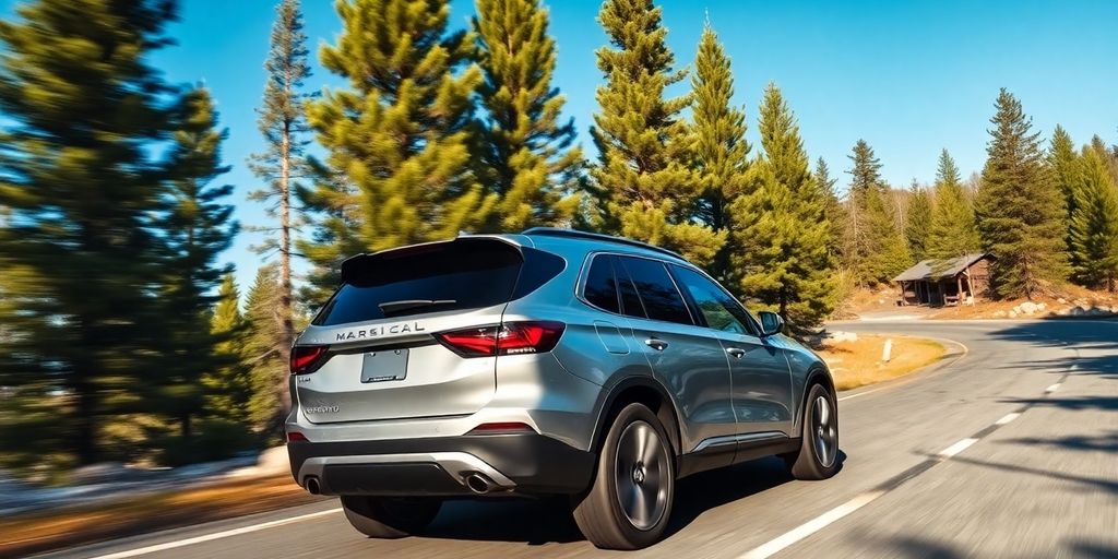 Sleek silver SUV on a winding mountain road.