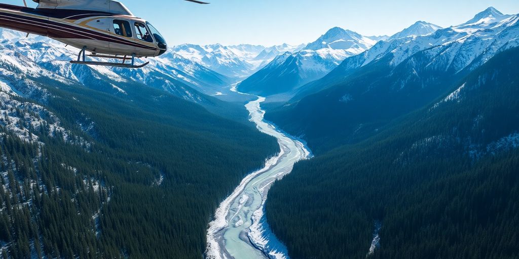 A helicopter flying over a vast, snowy Alaskan mountain range.